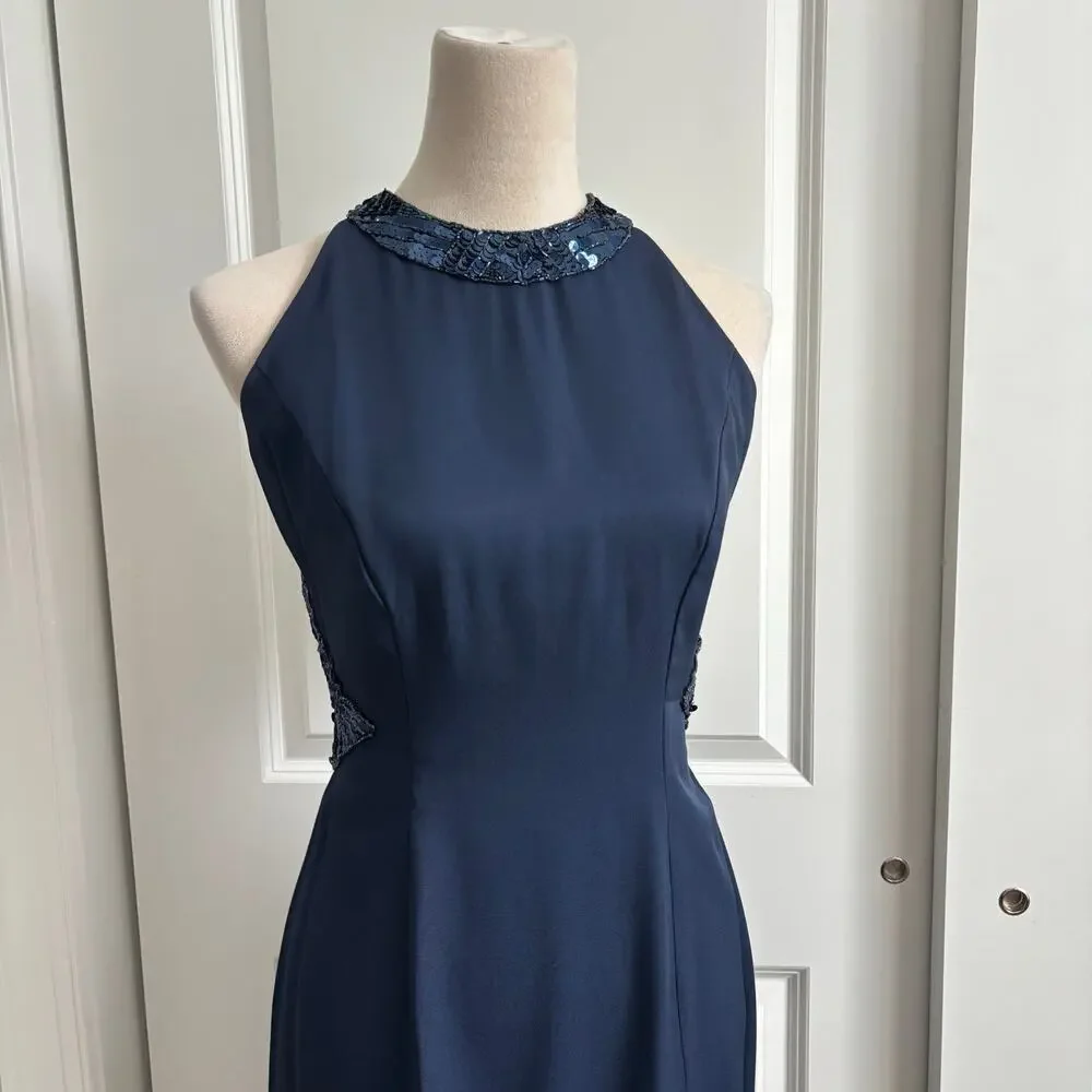 Dave & Johnny Vintage 90s Prom Dress Navy Blue Sequin‎ Halter Open Back Maxi 4